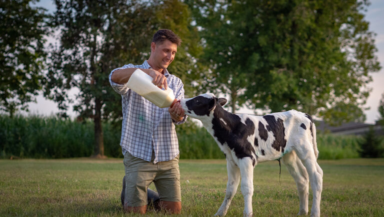 Young white farmer bottle feeding a black and white calf in a field.